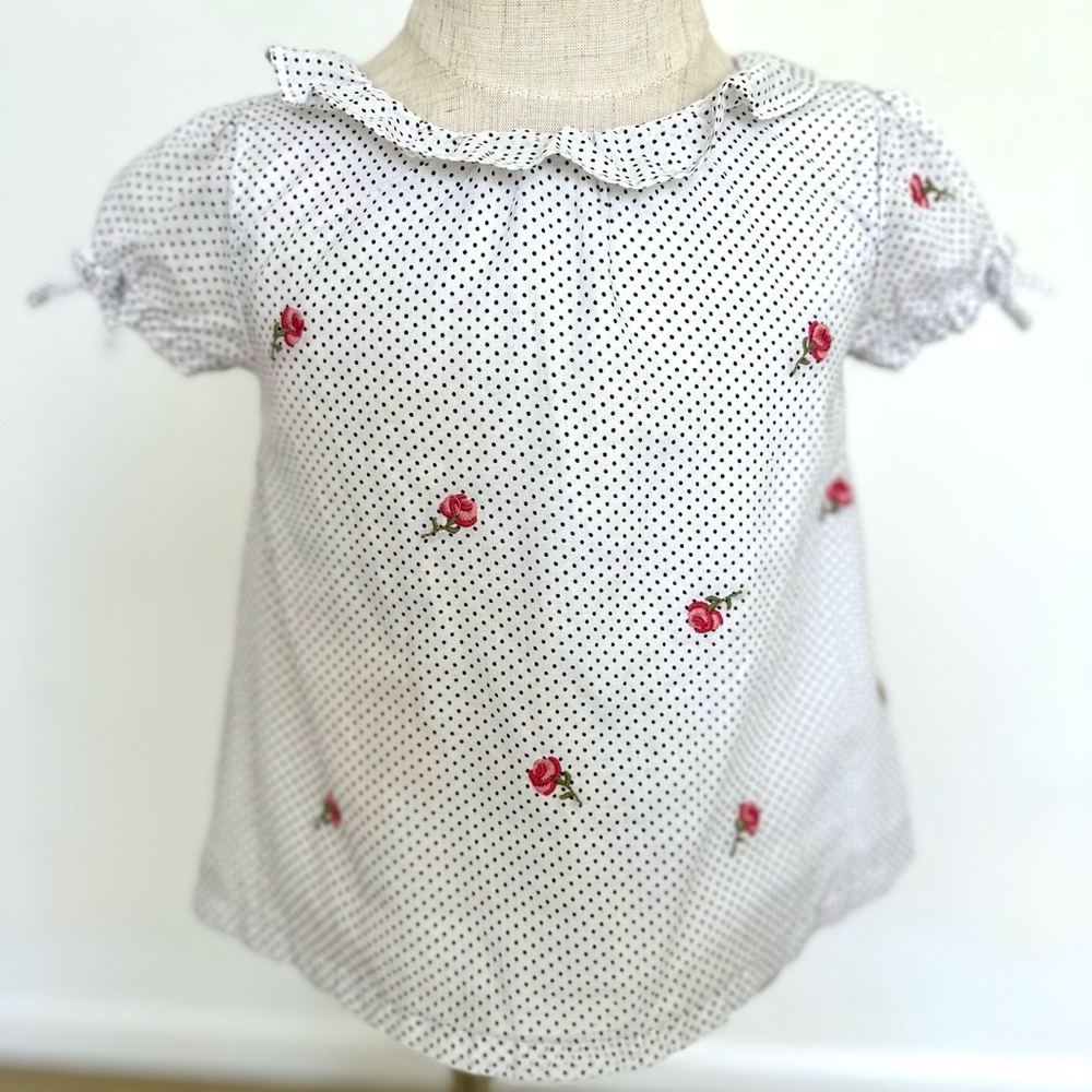 Janie and Jack Girls' White Polka Dot Top with Pink Floral embroidered Accents